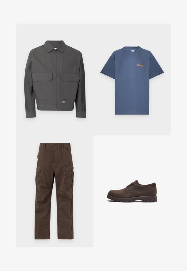 Donkergrijs jack met rits, puntkraag en twee grote voorzakken met klep, met een klein rechthoekig merklogo nabij de zoom.; Blauw T-shirt met korte mouwen en ronde hals, met een klein oranje "Dickies" logo op de linkerborst, getoond op een witte achtergrond.; Bruine cargobroek met rechte pijpen, klepzakken aan de zijkant, schuine voorzakken, riemlussen en knoopsluiting.; Bruine leren schoenen met een ronde neus en vetersluiting. Voorzien van een gestructureerd oppervlak en een rubberen zool met hoge grip. Subtiel logo aan de zijkant.