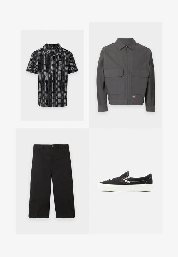 Veste zippée gris foncé avec col pointu et deux grandes poches avant à rabat, avec un petit logo de marque rectangulaire près de l'ourlet.; Chemise noire à manches courtes avec boutons, motif grille à rayures blanches verticales et horizontales, avec col.; Shorts noirs mi-cuisse avec poches avant, passants pour ceinture et fermeture par bouton sur un fond uni.; Baskets à enfiler Vans noires avec semelle en caoutchouc blanche, coutures blanches et accents élastiques sur les côtés, vues de l'extérieur.
