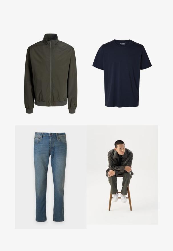 Donkergroene herenbomberjack met ritssluiting aan de voorkant, geribbelde manchetten en zoom, en een opstaande kraag.; Effen marineblauw T-shirt met korte mouwen en ronde hals, met een klein bedrukt merklabel aan de binnenkant van de kraag.; Blauwe spijkerbroek met rechte pijpen, voorzakken, riemlussen en een knoopsluiting op een effen achtergrond.; Jonge man in een donkere leren jas en spijkerbroek zit op een houten kruk, leunt naar voren met gekruiste armen en kijkt naar de zijkant tegen een witte achtergrond.