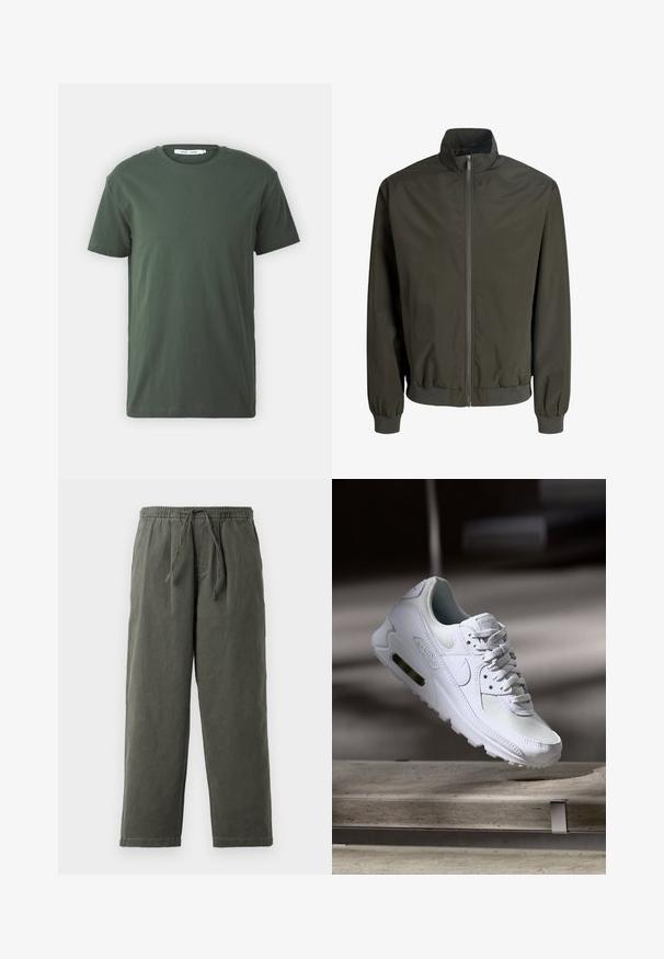 Veste bomber pour homme de couleur vert foncé avec fermeture éclair frontale, poignets et ourlet côtelés, et col montant.; T-shirt en coton vert foncé, à manches courtes, col rond, coupe décontractée, design uni et texture lisse sans motifs ni accents visibles.; Pantalons vert olive foncé avec ceinture à cordon en tissu léger. Coupe ample avec jambes droites et sans poches ni embellissements visibles.; Sneaker Nike Air Max 90 blanche avec une tige en mesh et cuir, une boîte à orteils perforée et une unité air visible au talon.