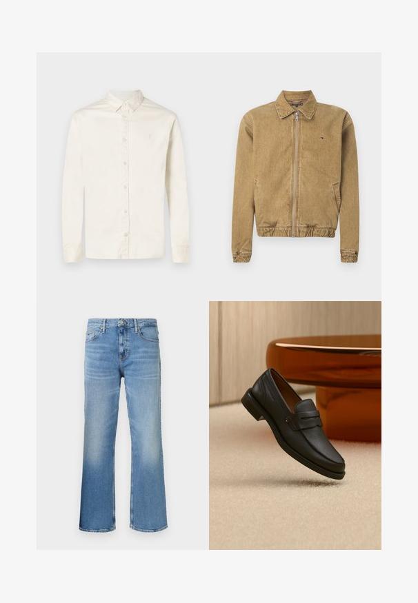 Brun denimjakke med lynlås foran, krave, elastisk kant og sidelommer. Har en lille logo på brystet.; Herre langærmet skjorte i off-white med knaplukning, spidse krave og en diskret broderet logo på venstre bryst.; Lyseblå denimjeans med lige ben-design. Har falmede accenter, fem lommer og lukning med frontknap og lynlås.; Sort læder herreloafer med bånd tværs over toppen, vist på beige tæppe nær et brunt moderne rundt bord.