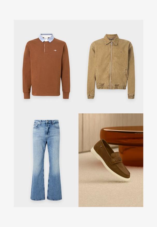 Veste en denim marron avec fermeture éclair sur le devant, col, ourlet élastiqué et poches latérales. Comprend un petit logo sur la poitrine.; Polo à manches longues marron avec un col bleu clair, comportant un petit logo sur la poitrine et des poignets côtelés, fabriqué en tissu doux.; Jean en denim bleu clair taille haute avec un léger évasement en bas et un délavage subtil sur les cuisses et le bas des jambes.; Mocassin en daim marron avec semelle blanche et détail métallique, flottant au-dessus d'un tapis clair à côté d'un meuble rond marron brillant.