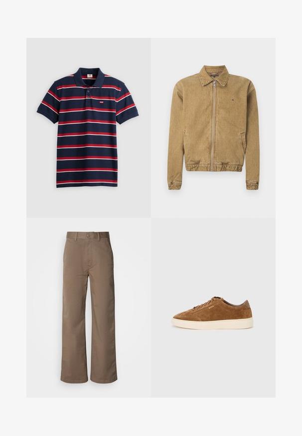Brun denimjakke med lynlås foran, krave, elastisk kant og sidelommer. Har en lille logo på brystet.; Marineblå polo-shirt med røde og hvide vandrette striber, tre-knaps placket og lille Levi's logo på brystet. Blødt bomuldsstof.; Beige brede benbukser lavet af blød bomuldsblanding, med knaplukning, bæltestropper og uden synlige mønstre. Glat tekstur.; Brun ruskindsneakers med rundet tå, cremefarvet gummisål og ton-i-ton snørebånd. Har præget logo på siden og en glat bagplade.