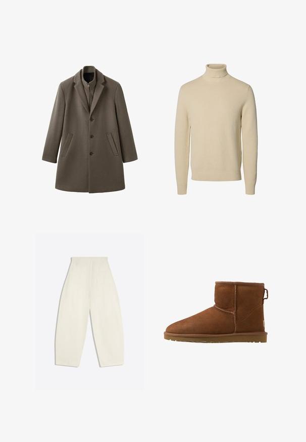 Manteau à simple boutonnage en mélange de laine brun foncé, doté d'un col à revers cranté, de manches longues et de deux poches latérales.; Pull beige à col roulé en tricot avec manches longues, poignets et ourlet côtelés, présenté sur un fond blanc uni.; Pantalon crème taille haute à jambes larges, avec poches arrière et passants de ceinture, présenté à plat sur un fond clair.; Bottines en daim marron avec un bout arrondi, des accents cousus et une semelle en caoutchouc. Présente un tirette à l'arrière pour un enfilage facile.