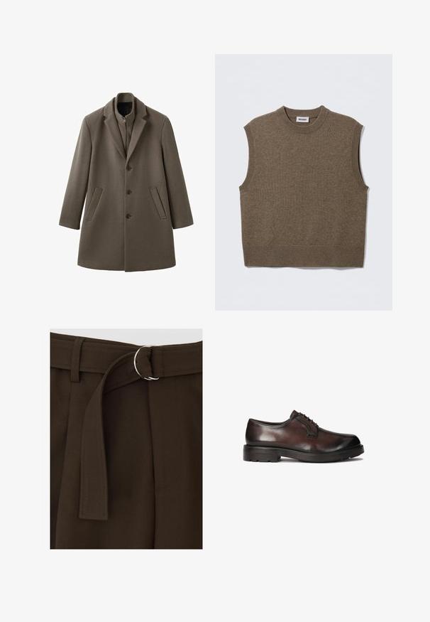 Manteau à simple boutonnage en mélange de laine brun foncé, doté d'un col à revers cranté, de manches longues et de deux poches latérales.; Pull sans manches marron en maille avec un col rond, des bords côtelés et une texture douce ; étiquette indiquant "WEEKDAY".; Pantalons marron ajustés avec une boucle de ceinture circulaire en argent et une cravate en tissu à la taille, avec une texture lisse et des détails de couture soignés.; Chaussure habillée en cuir marron, à la finition lisse, au bout rond et au laçage. Équipée d'une semelle en caoutchouc noir robuste avec une bonne traction.