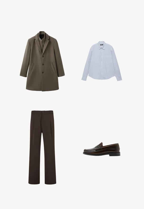 Manteau à simple boutonnage en mélange de laine brun foncé, doté d'un col à revers cranté, de manches longues et de deux poches latérales.; Chemise bleu clair à manches longues, boutonnée à l'avant, avec de fines rayures blanches verticales et une poche poitrine, étalée à plat sur un fond blanc.; Pantalon droit marron foncé avec passants pour ceinture, fermeture par bouton et deux plis à l’avant.; Mocassin penny en cuir marron foncé avec bout moc cousu, talon bas et finition lisse, présenté de profil sur fond blanc.