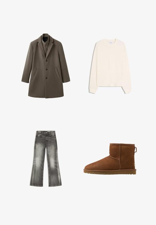 Manteau à simple boutonnage en mélange de laine brun foncé, doté d'un col à revers cranté, de manches longues et de deux poches latérales.; Sweatshirt à manches longues de couleur crème avec un col rond, des poignets côtelés et un ourlet légèrement raccourci. Fabriqué en coton doux.; Jean large noir délavé avec poches avant, passants de ceinture, fermeture à boutons et détails froissés sur fond blanc.; Bottines en daim marron avec un bout arrondi, des accents cousus et une semelle en caoutchouc. Présente un tirette à l'arrière pour un enfilage facile.