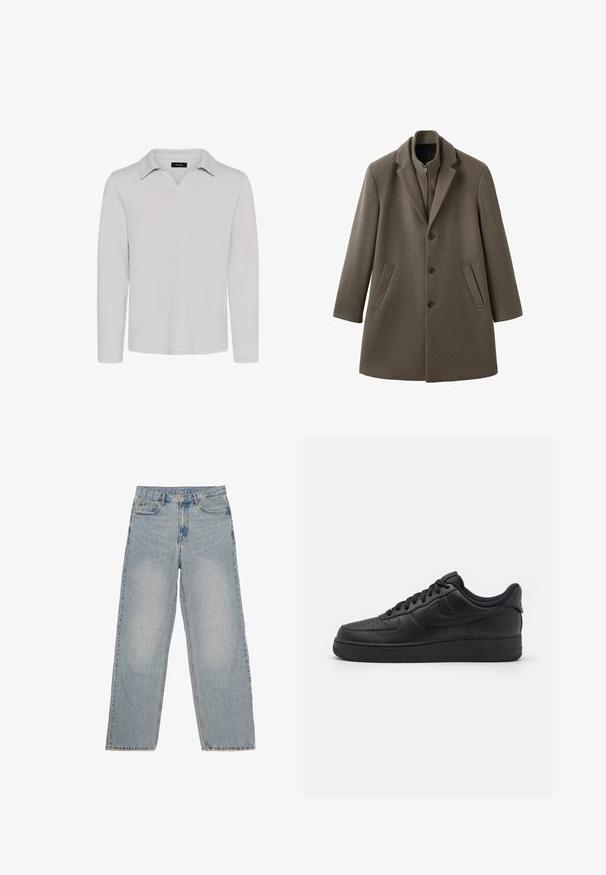 Effen jas met één rij knopen in donkerbruine wolblend, voorzien van een reverskraag, mouwen met volle lengte en twee zijzakken.; Matinique MAV - Poloshirt - lunar rock; Lichtblauwe denim jeans met een rechte pasvorm, vijf zakken en een subtiele vervaging, met een knoop- en ritssluiting en rafelige zoomranden.; Nike Sportswear AIR FORCE 1 07 FLYEASE - Sneakers laag - black
