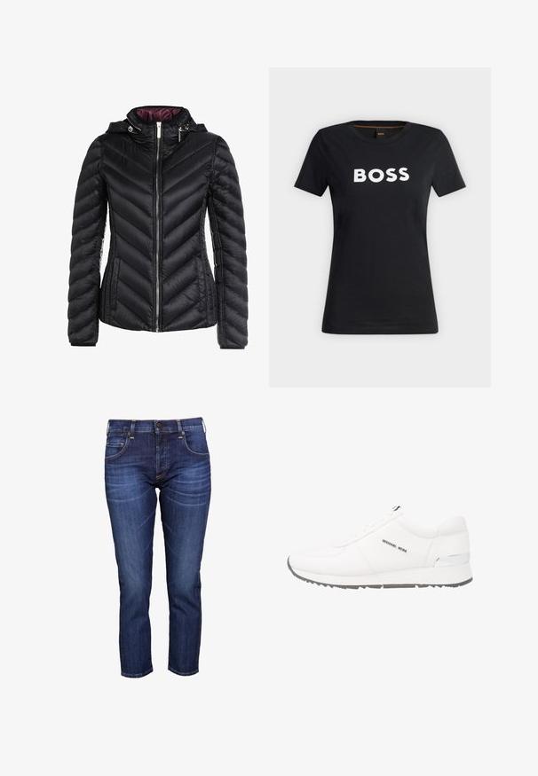 Zwarte pufferjack met capuchon, voorzien van chevron-quilting, een ritssluiting aan de voorkant en een contrasterende paarse voering. Zacht materiaal en een getailleerd ontwerp.; Zwart T-shirt met korte mouwen en ronde hals en "BOSS" gedrukt in grote witte letters op de borst.; Donkerblauwe denim jeans met een rechte pasvorm, voorzien van een subtiele vervaging, stikdetails en klassieke vijf-pocket styling.; Witte leren sneaker met een gladde textuur, grijze rubberen zool, zeven vetergaatjes en een zilveren accent op de hiel. Logo weergegeven aan de zijkant.