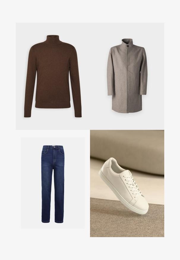 Manteau en laine brun clair avec un col montant, fermeture à boutons sur le devant et coupe droite. Comprend des manches longues et un design de couture soigné.; Pull à col roulé marron en matériau doux, avec des manches longues, un design ajusté et des accents en bord côtelé au col et à l'ourlet.; Jean en denim bleu foncé, avec un design à jambe droite, cinq poches, une fermeture à bouton et de subtils détails de couture horizontale.; Baskets en cuir blanc avec des lacets blancs, exposées sur une surface beige texturée et avec un arrière-plan flou doux.