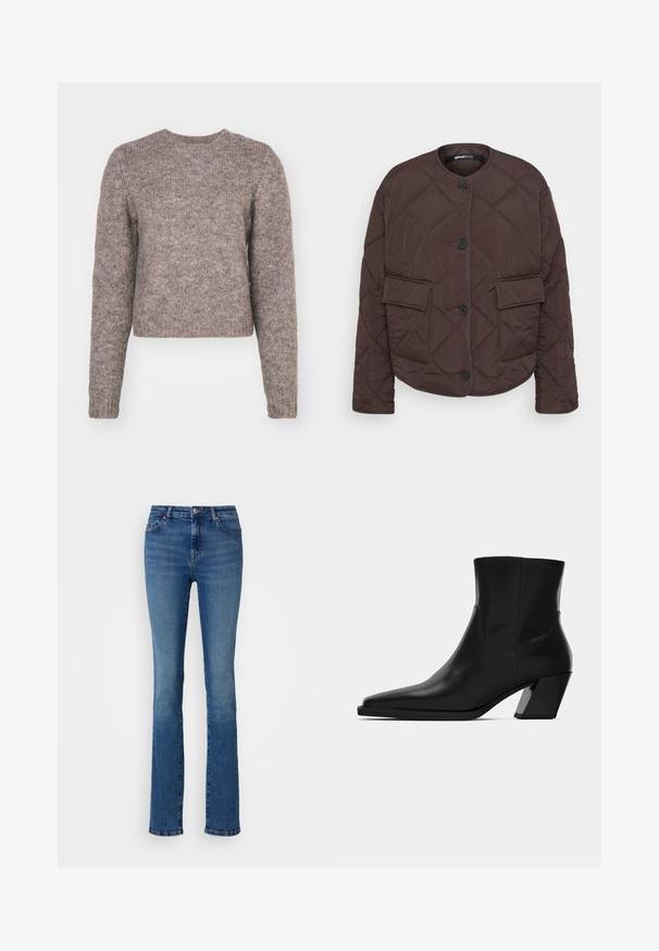 Gina Tricot Tall JACKET - Ľahká bunda - dark brown; Svetlohnedý, skrátený sveter s dlhými rukávmi, okrúhlym výstrihom a textúrovanou pleteninou. Bez viditeľných vzorov alebo hardvérových detailov.; ONLY Tall ONLSUI MID - Slimfit džínsy - medium blue denim; Čierna kožená členková topánka s špicatou špičkou, elegantným siluetou a masívnym štvorecovým podpätkom. Hladký povrch s minimálnymi švovými detailmi.