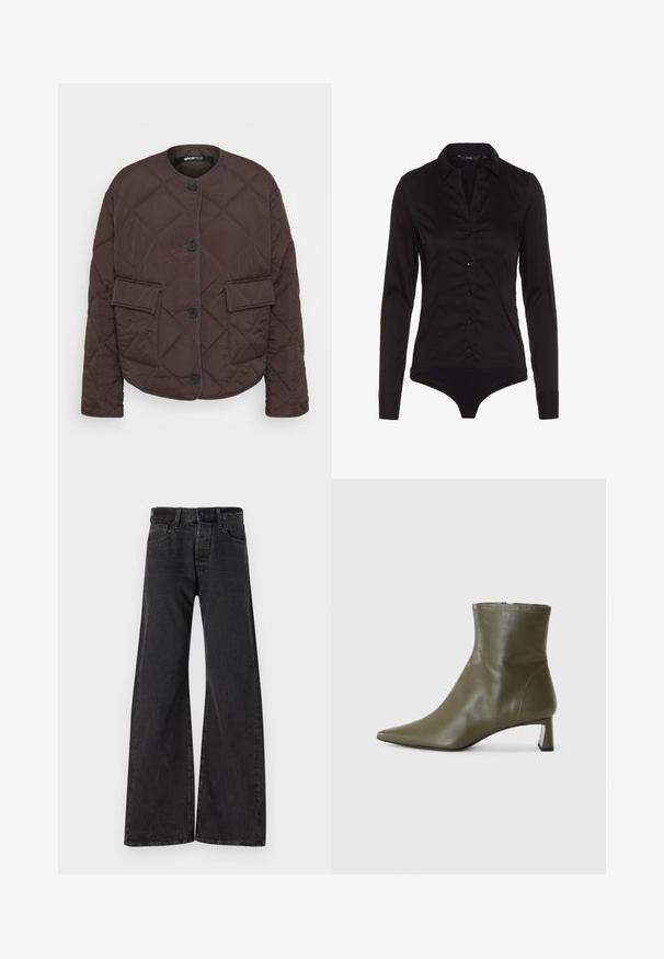 Gina Tricot Tall JACKET - Ľahká bunda - dark brown; Čierny bodysuit s dlhým rukávom a golierom, s predným zapínaním na gombíky a priliehavým strihom. Vyrobený z hladkej tkaniny s lesklým povrchom.; Čierne široké džínsy vyrobené z denimu. Obsahujú zapínanie na gombík, pútka na opasok a dve predné vrecká. Na látke je viditeľná jemná štruktúra.; Olivovo-zelené kožené členkové topánky s špicatou špičkou a blokovým opätkom s výškou 4 cm; hladká textúra a minimalistický dizajn s obojstranným zipsom.