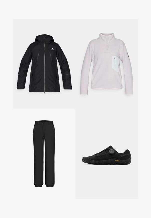 Chaqueta negra impermeable con capucha, que cuenta con bolsillos con cremallera, un acabado suave y un logo en el pecho y la manga. Diseño ligero y atlético.; Suéter de forro polar de color violeta claro con un cuello alto, tres botones frontales y un bolsillo en el pecho con cremallera blanca. Presenta un borde blanco en contraste.; Pantalones impermeables negros con corte recto, puños elásticos, bolsillos frontales con cremallera y cierre de botón. Textura suave con acabado mate.; Zapatilla deportiva negra con parte superior de malla transpirable, sistema de cordones Boa, suela texturizada negra y marca Vibram. Diseño duradero y ligero.