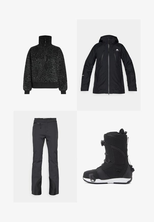 Veste imperméable noire avec capuche, dotée de poches zippées, d'une finition lisse et d'un logo sur la poitrine et la manche. Conception légère et athlétique.; Pull en polaire noir texturé avec un col haut et une demi-fermeture éclair, doté de poignets et d'un ourlet côtelés pour un ajustement parfait.; Pantalons de plein air noirs en tissu technique, dotés d'une poche zippée, d'une taille plate et d'accents noirs aux poignets.; DC Shoes LOTUS STEP ON - Bottes de neige - black