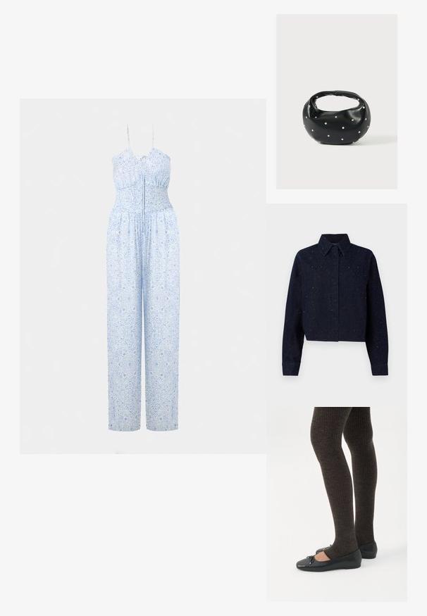 Kort denimskjorte i mørkeblå med struktureret krave og lange ærmer, prydet med metalliske sprøjt over stoffet.; Lyseblå jumpsuit med justerbare stropper, smocket bodice og bukser med brede ben, prydet med et detaljeret blomstermønster. Blød stofstruktur.; Ben iført mørke ribbede leggings kombineret med sorte balletsko med små sløjfedetaljer på hvid baggrund.; Sort læderhåndtaske med en rundet form, dekoreret med sølvnitter, og et kort håndtag. Glat tekstur og lynlåslukning.