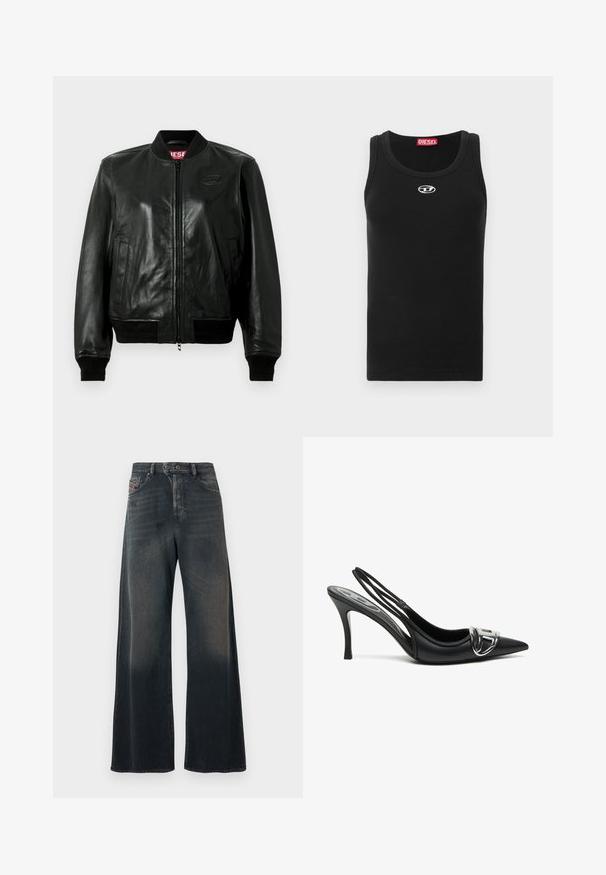 Schwarze Leder-Bomberjacke mit Frontreißverschluss, geripptem Kragen und Bündchen sowie zwei Seitentaschen. Verfügt über ein auf der Brust eingeprägtes Logo.; Schwarzes Tanktop aus Baumwollstoff mit rundem Ausschnitt, ärmellosem Design und kleinem weißen Logo im Brustbereich.; Weite Jeans aus dunklem Denim mit dezenter verwaschener Textur, ausgestattet mit einem Knopfverschluss und Gesäßtaschen mit Ziernähten.; Schwarze Slingback-Pumps mit spitzem Vorderteil, ausgestattet mit einem glänzenden silbernen Schnallendetail und einem schlanken Absatz. Glattes Lederoberfläche, minimalistische Gestaltung.