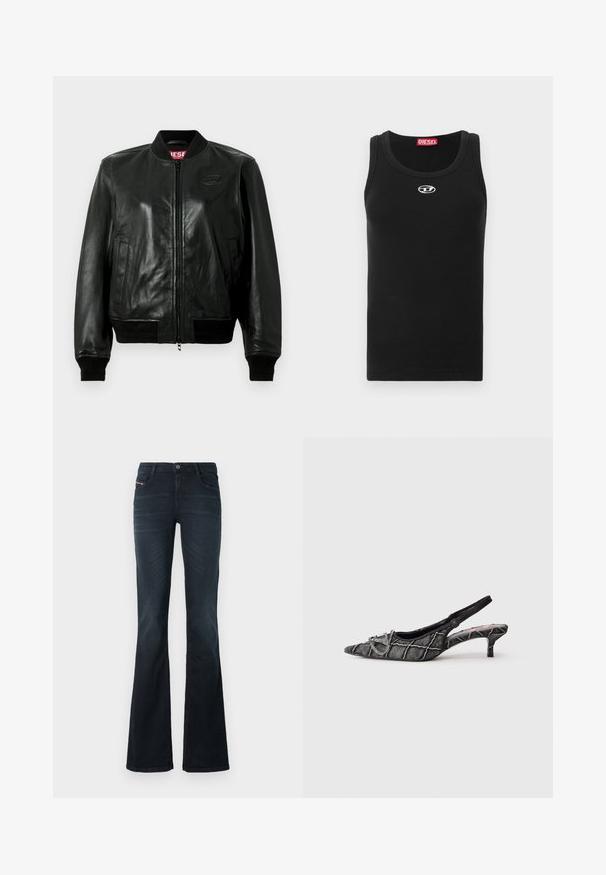 Veste aviateur en cuir noir avec une fermeture éclair frontale, un col et des poignets côtelés, ainsi que deux poches latérales. Présente un logo embossé sur la poitrine.; Débardeur noir en tissu de coton avec encolure ronde, design sans manches, et petit logo blanc sur la poitrine.; Jean évasé en denim foncé avec une texture lisse, design à cinq poches et fermeture à bouton à la taille. Présente des détails de couture subtils.; Escarpin noir avec bride arrière, talon kitten, bout pointu, motif texturé et détail de boucle argentée sur fond blanc.