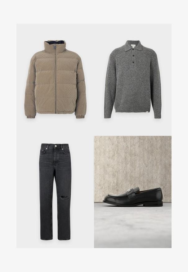 Dunjakke i olivengrøn, med høj hals, lynlås foran, elastiske manchetter og et tekstureret diamantmønster på hele overfladen.; Grå strikket pullover med polokrave, fem-knaps lukning, lange ærmer og ribbede manchetter; har et tekstureret stof med subtile prikker.; Sorte denim jeans med lige ben, der har et revnet knæ, fem-lomme design og metalbeslag ved taljen og lommerne.; Sort læderloafer med metalbrandskilt hvilende nær et brunt rundt bord på beige tæppe.
