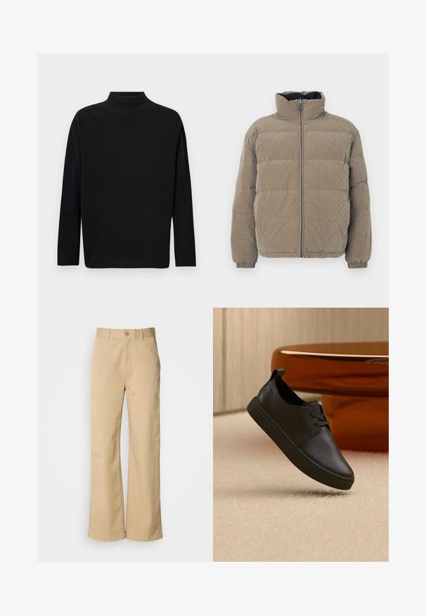 Dunjakke i olivengrøn, med høj hals, lynlås foran, elastiske manchetter og et tekstureret diamantmønster på hele overfladen.; Sort turtleneck sweater, lavet af blødt strikket materiale, med lange ærmer, afslappet pasform og høj halsudskæring. Ingen synlige mønstre eller hardware.; Beige, vidde bukser lavet af en bomuldsblanding. Har en knaplukning og bæltestropper. Glat tekstur med minimale syninger.; Sort lædersneaker til hverdag med snørebånd, svævende over beige tæppe med et rundt bord af ravfarvet glas i baggrunden.