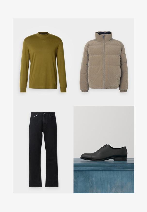 Gewatteerd jack in olijfgroen, met een hoge kraag, ritssluiting aan de voorkant, elastische manchetten en een getextureerd diamantenpatroon over het gehele oppervlak.; Olijfgroene longsleeve turtleneck shirt van zacht materiaal, met een getailleerd ontwerp en ribbelboorden bij de nek en manchetten.; Zwarte denim jeans met een rechte pijpdesign, voorzien van een knoopsluiting, vijf zakkenstijl en subtiele stikseldetails.; Zwart leren nette schoen met gesloten vetersluiting, ronde neus en cap-toe detail. Glad oppervlak, minimalistisch ontwerp, verhoogde hak.