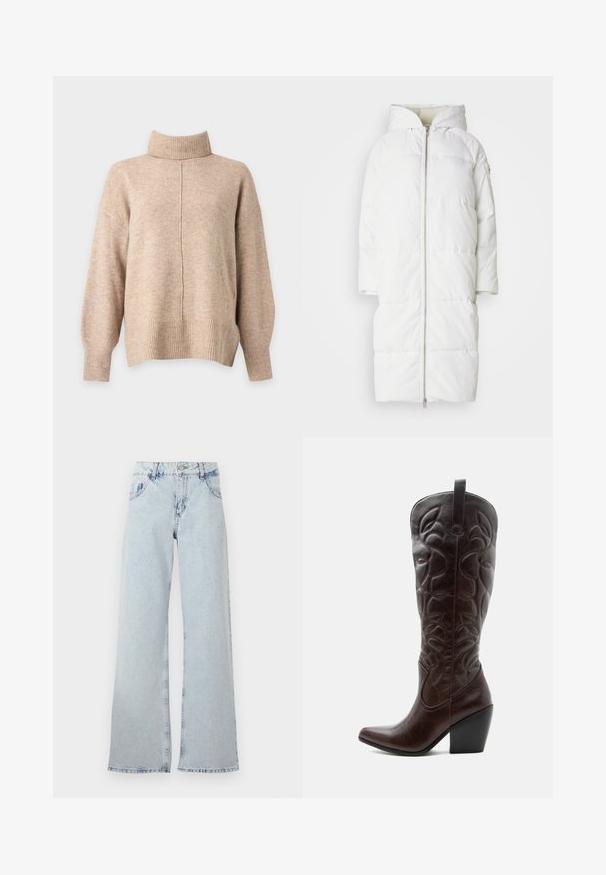 Manteau blanc en duvet avec capuche, fermeture éclair à l'avant, manches courtes et design matelassé pour l'isolation, offrant une texture lisse et douce.; Pull beige à col roulé en maille, manches longues, poignets côtelés, ourlet et une couture verticale centrale à l'avant.; Jeans large bleu clair en denim, avec une taille haute, des passants de ceinture, cinq poches et des zones décolorées pour un aspect vintage.; Botte de cowboy haute en cuir marron foncé avec motifs décoratifs cousus, bout pointu et talon bloc empilé.