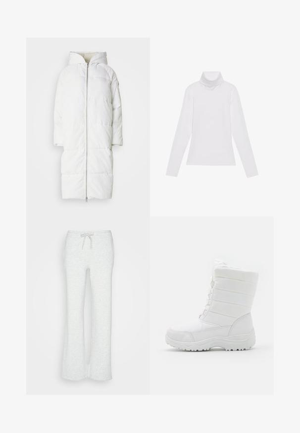Hvid pufferjakke med hætte, lynlås fortil, kortærmer og quiltet design til isolering, som tilbyder en glat og blød overflade.; Hvid langærmet turtle-neck top lavet af glat, strækbart stof. Har en høj krave og tætsiddende design, uden synlige mønstre eller udsmykninger.; Lys grå flagrende svedbukser med snøre i taljen og blødt, tekstureret stof, der har et simpelt design uden mønstre eller accenter.; Hvide vandtætte vinterstøvler med en polstret overdel, tekstureret design, justerbare snørebånd og en robust gummisål for godt fæste.