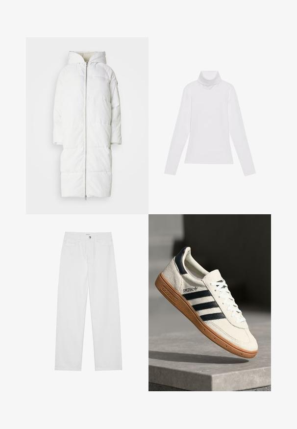 Manteau blanc en duvet avec capuche, fermeture éclair à l'avant, manches courtes et design matelassé pour l'isolation, offrant une texture lisse et douce.; Haut à col roulé à manches longues blanc, fabriqué en tissu lisse et extensible. Il présente un col haut et une coupe ajustée, sans motifs ni embellissements visibles.; Pantalon en denim blanc à coupe décontractée, avec une fermeture à boutons, des poches avant et arrière, et un design à jambe droite. Texture plate et sans motifs.; Baskets en daim blanc avec des bandes navy, semelle en caoutchouc gomme, tige texturée, bout rond et lacets ; arbore un logo sur le côté et sur la languette.