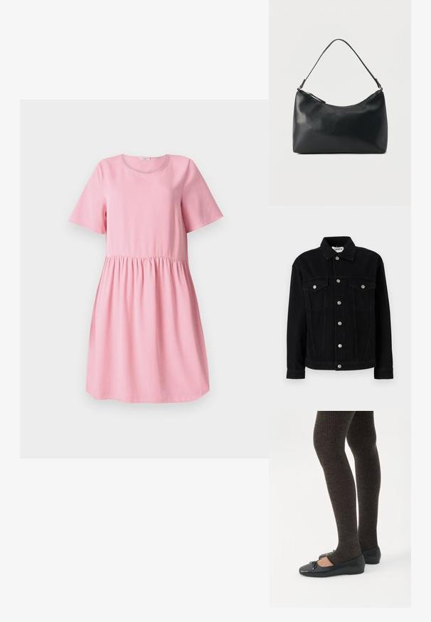 Veste en denim noir à manches longues, col pointu, et deux poches poitrine. Dotée de fermetures à boutons-pression argentés et d'une coupe droite.; Robe rose courte en tissu doux avec des manches courtes, un col rond et une taille froncée. Texture lisse, design simple.; Jambes portant des leggings côtelés foncés associés à des ballerines noires avec de petits détails en nœud sur fond blanc.; Sac bandoulière en cuir noir texturé avec fermeture éclair incurvée en haut et une seule sangle ajustable sur fond uni.