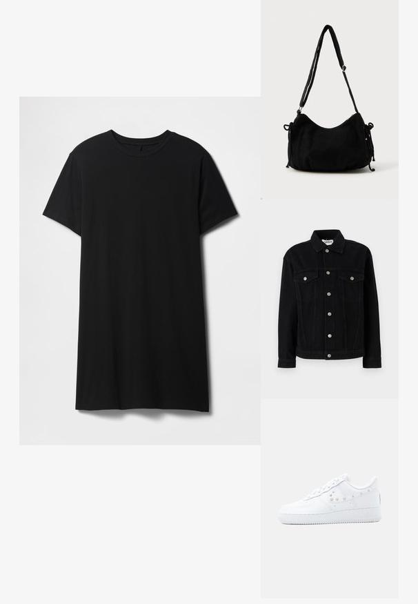 Sort denimjakke med lange ærmer, spids krave og to brystlommer. Har sølvfarvede trykknaplukninger og lige snit.; Sort kortærmet t-shirt lavet af bomuld, med klassisk rund halsudskæring og en lige kant, med en glat, mat tekstur.; Hvid Nike Air Force 1 sneakers med nittebesat Swoosh-detalje og tyk sål, vist mod en ensartet lysegrå baggrund.; Sort kordfløjls skuldertaske med en buet form, justerbar strop og snorelukninger på begge sider til størrelsejustering.