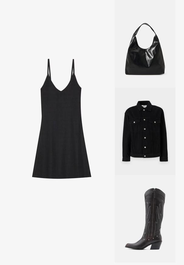 Veste en denim noir à manches longues, col pointu, et deux poches poitrine. Dotée de fermetures à boutons-pression argentés et d'une coupe droite.; Robe nuisette noire à rayures avec un décolleté en V et de fines bretelles réglables. Présente une coupe décontractée, tombant au-dessus des genoux, avec un design minimaliste.; Bottes de cowboy en cuir marron avec surpiqûres en forme de flammes, fermeture éclair latérale, clous argentés, bout pointu et talon superposé.; Sac hobo en cuir noir avec une texture douce et brillante et un haut ouvert arrondi. Dispose d'une large sangle courbée pour le transport. Pas de matériel visible.