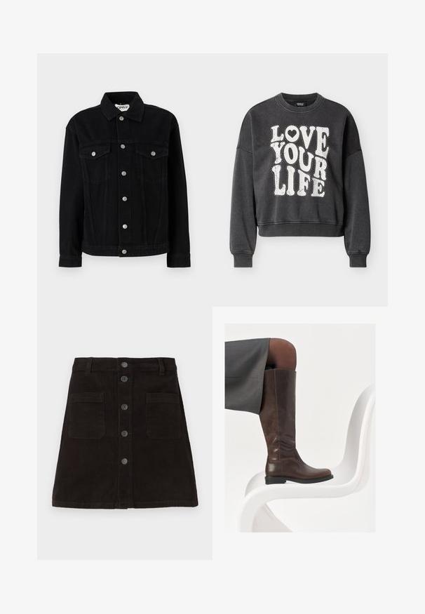 Sort denimjakke med lange ærmer, spids krave og to brystlommer. Har sølvfarvede trykknaplukninger og lige snit.; Sort cropped sweatshirt med rund halsudskæring, med stor hvid tekst "LOVE YOUR LIFE" og et hjerteaccenter, lavet af behageligt stof.; Brun kordfløjl A-linje nederdel med knapfront, to forlommer og teksturerede lodrette striber. Standard talje med bæltestropper.; Brun læder knæhøj støvle med afrundet tå, glat tekstur og minimale syningsdetaljer, sat mod en lys baggrund på en hvid stol.