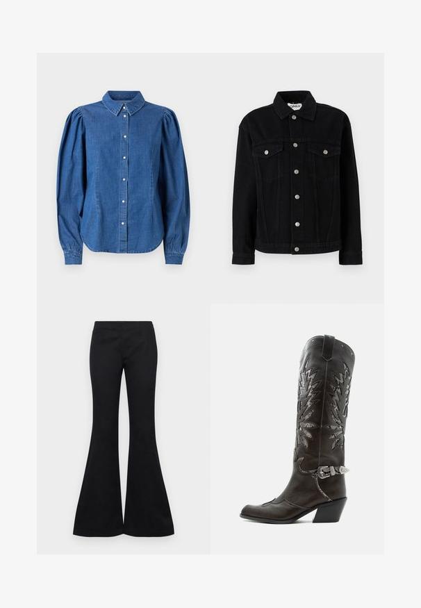 Zwart spijkerjack met lange mouwen, een puntige kraag en twee borstzakken. Beschikt over zilveren drukknoopsluitingen en een rechte snit.; Denim shirt in een lichtblauwe kleur, met een knoopsluiting aan de voorkant en een op maat gemaakte kraag. Heeft opgezette lange mouwen en een gebogen zoom.; Zwarte uitlopende broeken van een gladde stof, met een aansluitende bovenkant en wijde pijpen, zonder zichtbare versieringen of zakken.; Zwarte leren cowboylaars met decoratieve uitsnijdingen, zilveren gesp en schuine hak, weergegeven op een witte achtergrond.