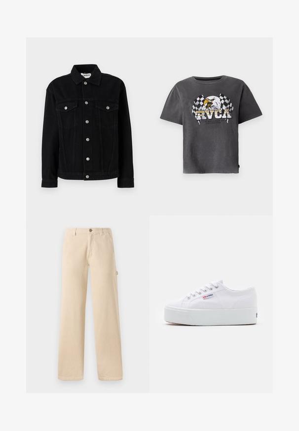 Veste en denim noir à manches longues, col pointu, et deux poches poitrine. Dotée de fermetures à boutons-pression argentés et d'une coupe droite.; T-shirt en coton gris à manches courtes avec un graphisme d'aigle et des drapeaux à damiers. Le design comprend le texte "RVCA" et un slogan en dessous.; Pantalons en velours côtelé beige avec une coupe large, texture à côtes verticales, poches avant et détail de bouton sur le côté.; Baskets en toile blanches avec une épaisse semelle plateforme blanche, bout rond et œillets en métal pour les lacets. Logo de la marque affiché sur le côté.