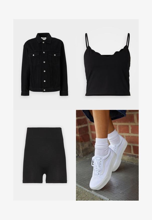 Schwarze Jeansjacke mit langen Ärmeln, einem spitzen Kragen und zwei Brusttaschen. Verfügt über silberne Druckknopfverschlüsse und einen geraden Schnitt.; Even&Odd Top - black; Schwarze, gerippte Biker-Shorts mit hohem Bund und weicher Textur, die ein glattes Finish und keine sichtbaren Nähte aufweisen.; Weiße Leinensneaker mit Gummisohlen, ausgestattet mit sechs Ösen, runder Zehenpartie und dezenten Nähten, kombiniert mit weißen Knöchelsocken.