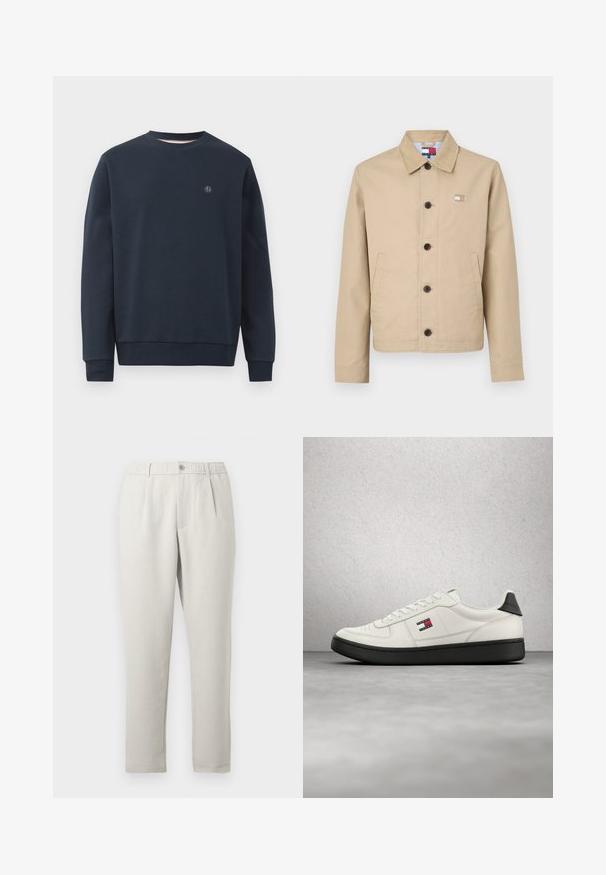 Beige puuvillatakki, jossa on kauluksellinen kaulus, etunapit ja sivutaskut. Takissa on pieni emblem rinnan kohdalla ja raidallinen vuori.; Navy blue collegepaita, joka on valmistettu pehmeästä materiaalista. Siinä on pyöreä kaula-aukko, pitkät hihat ja pieni logo rinnassa. Yksinkertainen malli, ei kuvioita.; Vaaleanbeiget rennot housut, joissa on kevyt kiilto. Housuissa on joustava vyötärö, etutaskut ja kapeaksi kapenevat lahkeet.; Valkoinen matalavartinen tennari mustalla pohjalla ja logoplaasilla sivulla, leijuu sileän harmaan lattian yllä lasitiiliseinän edessä.