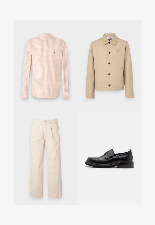 Chaqueta de algodón beige con cuello tipo camisa, botones frontales y bolsillos laterales. Presenta un pequeño emblema en el pecho y un forro interno a rayas.; Camisa de tela a cuadros en naranja claro y blanco, con mangas largas, cuello abotonado y bolsillo en el pecho. Presenta un logo sutil en el bolsillo.; Pantalones de pierna ancha beige con cintura alta, que cuentan con pliegues frontales, cierre con botón en la parte delantera y una suave tela de algodón.; Calvin Klein MOCCASIN - Mocasines elegantes - black