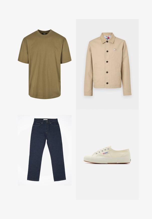 Beige Baumwolljacke mit kragenförmigem Ausschnitt, vorderen Knöpfen und Seitentaschen. Verfügt über ein kleines Emblem auf der Brust und ein gestreiftes Innenfutter.; Olivenfarbene T-Shirt, kurze Ärmel, runder Halsausschnitt, aus Baumwollmaterial, verfügt über ein schlichtes Design ohne Muster oder Akzente.; Dunkelblaue Jeans aus Denim mit geradem Schnitt, Fünf-Taschen-Design und kontrastierenden Nähten entlang der Säume.; Beige Leinen-Sneaker mit niedrigem Profil, Metallösen und Gummisohle. Mit einem strukturierten Muster und einem Logodetail an der Seite.