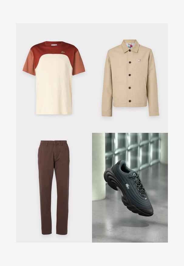 Beige puuvillatakki, jossa on kauluksellinen kaulus, etunapit ja sivutaskut. Takissa on pieni emblem rinnan kohdalla ja raidallinen vuori.; Värgblockad t-shirt med en krämfärgad kropp och vinröda ärmar, rund halsringning och en liten grön logotyp på bröstet. Tillverkad av bomull.; Ruskeat puuvillachinot suoranlahkeisella designilla, joissa on edessä nappikiinnitys ja sivutaskut. Sileä pinta ja klassinen leikkaus.; Tummanharmaa urheilukenkä, jossa on teksturoitu yläosa, pyöreä muotoilu ja näkyvä valkoinen logo. Varustettu kevyellä pohjalla ja nauhoitusjärjestelmällä.