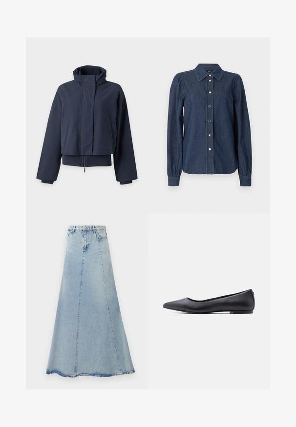 Chaqueta corta azul marino con cuello alto, mangas largas, cremallera frontal oculta y bolsillos laterales sobre un fondo liso claro.; Camisa de mezclilla azul oscuro de manga larga con cierre de botones en el frente, cuello puntiagudo y hombros ligeramente abullonados.; Falda de mezclilla azul claro con forma acampanada en A, que cuenta con un cierre frontal de botones, pasadores para cinturón y detalles de costura visibles.; Zapato plano de cuero negro con punta puntiaguda y tacón bajo, mostrado de perfil contra un fondo blanco.