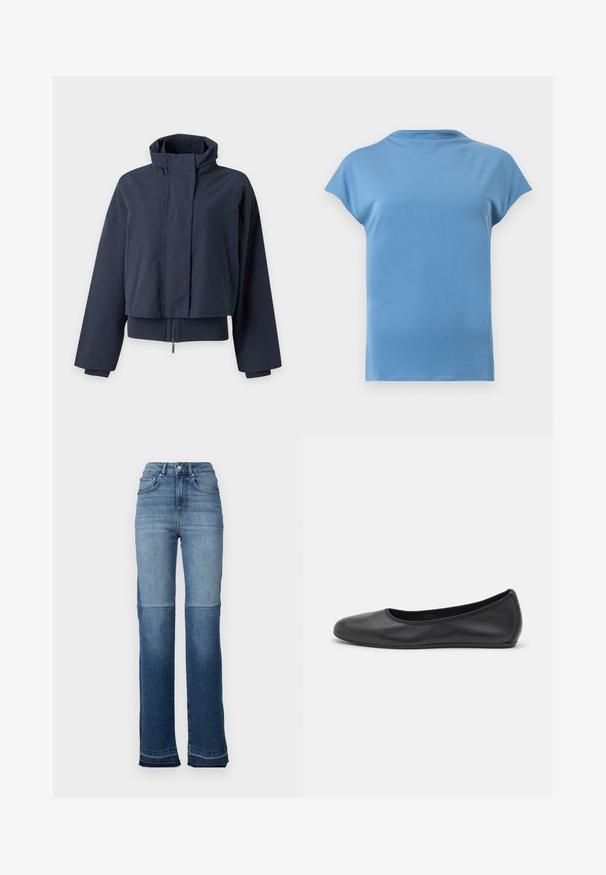 Veste courte bleu marine avec col haut, manches longues, fermeture éclair frontale cachée et poches latérales sur fond uni clair.; Chemise manches courtes bleu clair unie avec un col rond et une coupe décontractée, vue de dos sur un fond neutre.; Jean en denim taille haute présentant un dégradé de bleu clair à bleu foncé, un design à jambe droite et des bords effilochés aux ourlets.; Ballerines en cuir noir avec un bout rond, texture lisse, détails de couture minimalistes et design de semelle flexible.