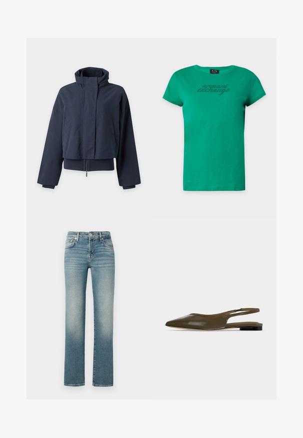 Veste courte bleu marine avec col haut, manches longues, fermeture éclair frontale cachée et poches latérales sur fond uni clair.; T-shirt vert à manches courtes Armani Exchange avec encolure ronde et texte "armani exchange" en petits points noirs sur la poitrine.; Jean en denim bleu avec une coupe droite, présentant des zones décolorées, un design à cinq poches et une fermeture en métal à la taille.; Chaussure plate à bout pointu vert olive avec bride arrière, talon noir bas et finition lisse et brillante.