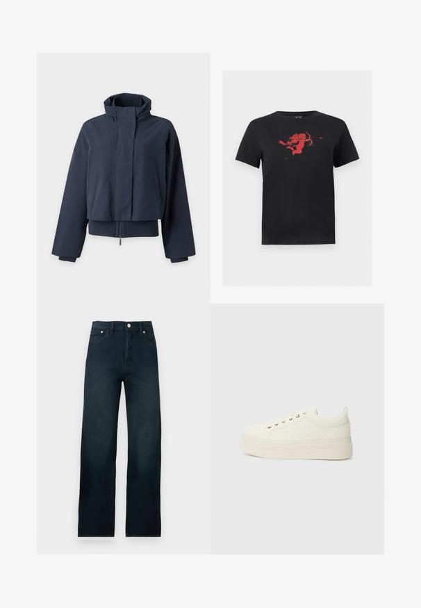 Marineblauwe cropped jas met hoge kraag, lange mouwen, verborgen ritssluiting aan de voorkant en zijzakken tegen een effen lichte achtergrond.; Zwart t-shirt met korte mouwen en een rode cupido die een boog en pijl vasthoudt, gecentreerd op de borst.; Donkerblauwe spijkerbroeken met hoge taille en rechte pijpen, met voorste knoop en zakken, getoond tegen een eenvoudige witte achtergrond.; Witte sneakers met een gestructureerde bovenkant, platte zool, ronde neus en een klein trekloopje aan de hiel. Voorzien van metalen veterogen.