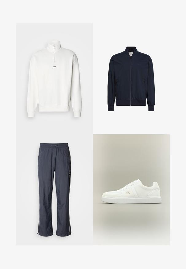 Marineblå bomberjakke lavet af let, glat stof. Har lynlås foran, ribstrikkede manchetter og kant samt sidelommer. Minimal branding på brystet.; Hvid pullover sweatshirt med høj krave og halvlukning, der har et lille sort "HUGO" logo centreret på brystet. Blød stoftekstur.; Mørkeblå letvægts løbebukser med elastisk talje, sidelommer og hvide accentstriber på siderne. Glat tekstur.; Hvid lavtopsneaker med snørebånd, teksturerede stofsider og subtilt "ck"-logo på ydersiden, placeret på en enkel neutral baggrund.