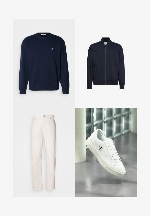 Marineblå bomberjakke lavet af let, glat stof. Har lynlås foran, ribstrikkede manchetter og kant samt sidelommer. Minimal branding på brystet.; Marineblå sweatshirt i bomuldsblanding med ribbede manchetter og kant. Har et lille lyseblåt logo på brystet. Klassisk crew neck-design.; Hvide denim jeans med lige ben, med knap- og lynlåslukning, bæltestropper samt for- og baglommer, præsenteret på en ensfarvet baggrund.; Hvid Calvin Klein sneaker med snørebånd, vist svævende over en poleret betongulv og en baggrund af glasblokke.