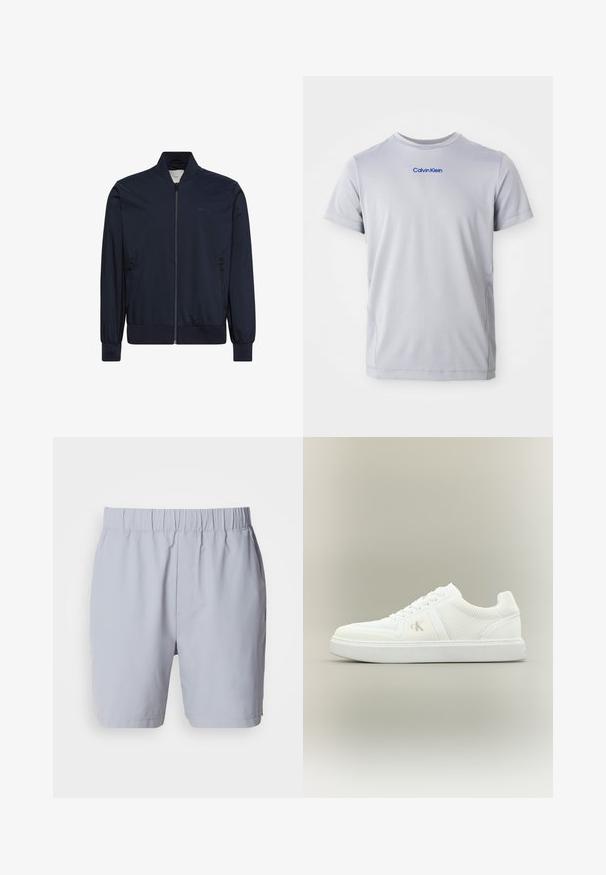 Marineblå bomberjakke lavet af let, glat stof. Har lynlås foran, ribstrikkede manchetter og kant samt sidelommer. Minimal branding på brystet.; Lys grå kortærmet t-shirt lavet af tekstureret stof, med et blåt "Calvin Klein" logo tværs over brystet. Rund halsudskæring, normal pasform.; Lysegrå badebukser med elastisk talje, to sidelommer og et glat, letvægtsstof. Ingen synlige mønstre eller udsmykninger.; Hvid lavtopsneaker med snørebånd, teksturerede stofsider og subtilt "ck"-logo på ydersiden, placeret på en enkel neutral baggrund.