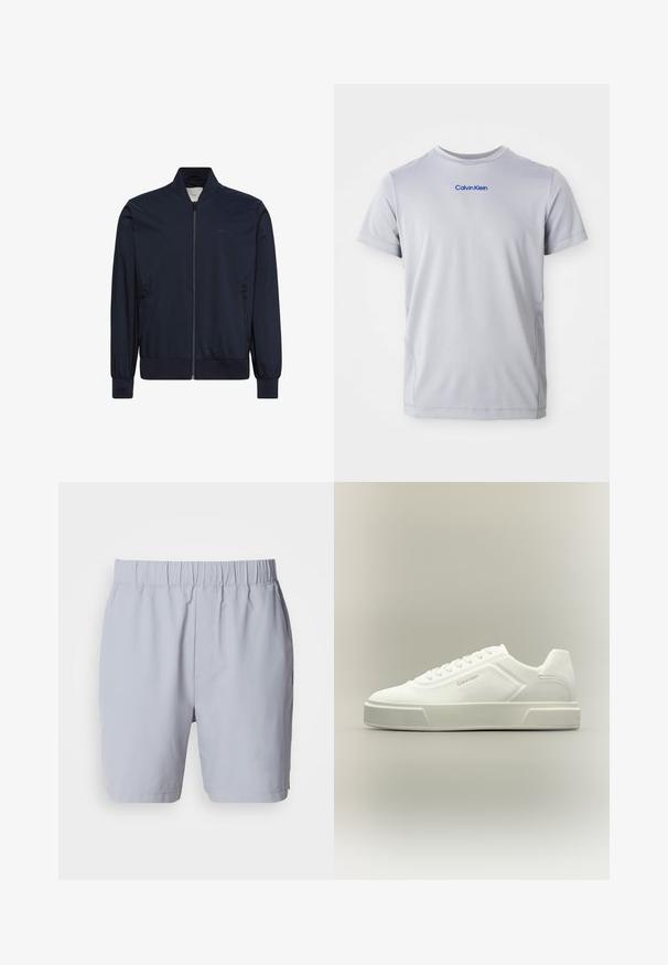 Marineblå jakke med lynlås, ribbet manchetter, krave og kant, med to lynlåslommer i siden og diskret branding på brystet.; Lys grå kortærmet t-shirt lavet af tekstureret stof, med et blåt "Calvin Klein" logo tværs over brystet. Rund halsudskæring, normal pasform.; Lysegrå badebukser med elastisk talje, to sidelommer og et glat, letvægtsstof. Ingen synlige mønstre eller udsmykninger.; Hvid lavtop sneaker med snøredesign og diskret Calvin Klein-logo på siden, sat mod en neutral baggrund.