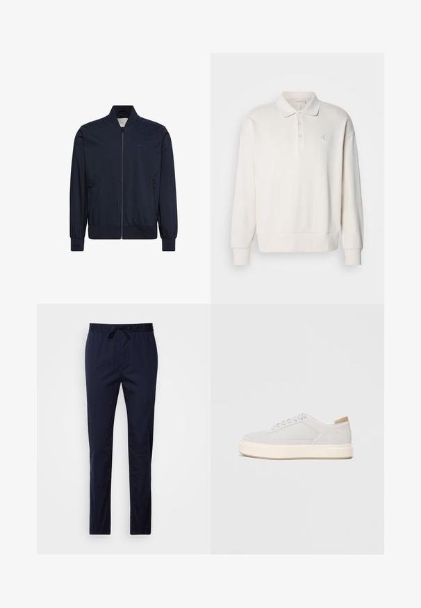 Marineblå jakke med lynlås, ribbet manchetter, krave og kant, med to lynlåslommer i siden og diskret branding på brystet.; Off-white langærmet polo skjorte med ribbet struktur, tre knapper ved kraven og et diskret logo på venstre bryst.; Mørkeblå, letvægtsbukser med elastisk talje og snøre. Lige ben, glat tekstur, ingen lommer eller mønstre.; Lys grå sneakers med en glat syntetisk overdel, rund tå og en struktureret crème mellemsål. Lysebrune accenter på hælen.