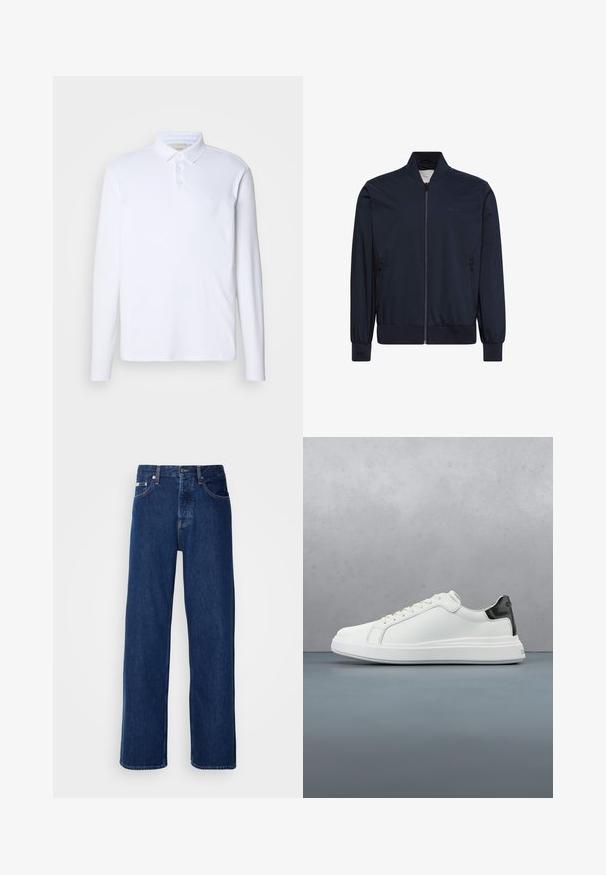 Marineblå jakke med lynlås, ribbet manchetter, krave og kant, med to lynlåslommer i siden og diskret branding på brystet.; Langærmet hvid polo-shirt lavet af blødt stof, med en klassisk krave, tre knaplukninger og et diskret logo på brystet.; Mørkeblå denimjeans med et bredt ben-design, der har en knaplukning og klassisk fem-lomme styling. Stoffet har en glat tekstur.; Hvide sneakers med en glat læderoverdel og en kontrasterende sort hælaccents. Har flade snørebånd og en tekstureret gummisål.