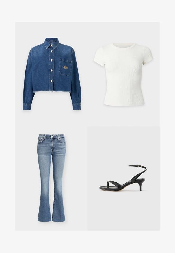 Veste en denim bleu courte avec manches longues, boutons en perle sur le devant, un col et une poche poitrine avec le logo "JOOP! JEANS".; T-shirt court blanc côtelé à manches courtes avec col rond sur fond uni.; Jeans évasés en denim bleu avec bouton et fermeture éclair à l'avant, deux poches avant et un effet de lavage délavé.; Sandale pour femme en cuir noir avec fines lanières, une boucle d'orteil, une boucle à la cheville et un talon aiguille de hauteur moyenne sur un fond neutre.