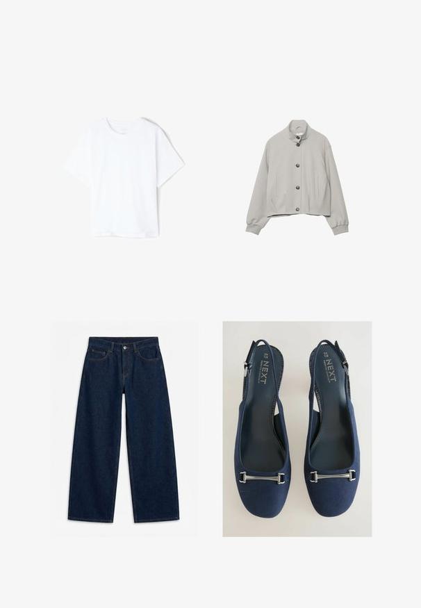 Lysegrå cropped jakke med ståkrave, fem knapper foran, lange ærmer med elastiske manchetter og to lodrette forlommer.; Enkelt hvid bomulds T-shirt med korte ærmer og rund hals, vist fladt på en hvid baggrund.; Mørkeblå vidde denimjeans med frontknap og lynlås, bæltestropper og femlomme-stil, lagt fladt på en hvid baggrund.; Mørkeblå ruskinds slingback-sko med rund tå, sølvfarvede hardware-detaljer og en struktureret bagrem for støtte. Glat inderside.